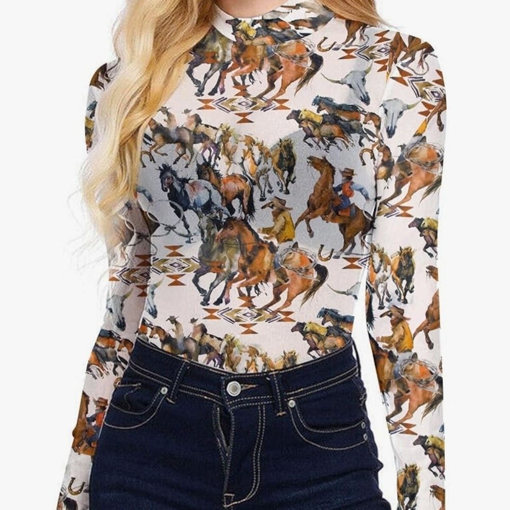 Women's Large Equestrian Print Long Sleeve Top